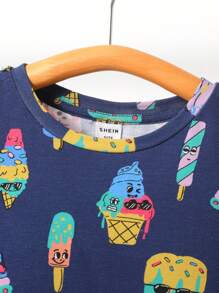 SHEIN Baby Boy Cartoon Popsicle Patterned Round Neck Short Sleeved Sweater And Casual Shorts Set Matching Set - Navy Blue - View 4