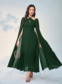 Modelyn 撞色网眼斗篷袖松紧腰连衣裙