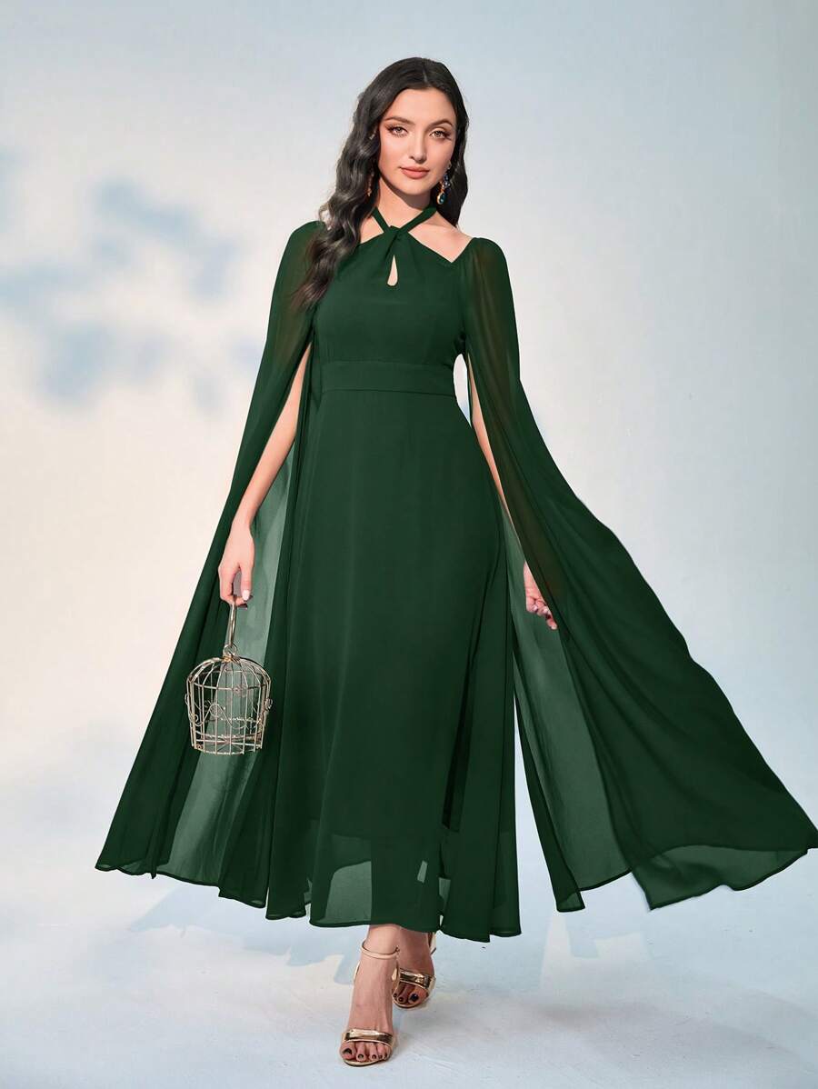 Modelyn 撞色网眼斗篷袖松紧腰连衣裙