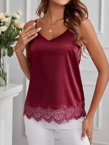 SHEIN Clasi 女士純色蕾絲拼接背心上衣 - 酒紅色 - 查看 6