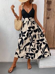 SHEIN VCAY Của phụ nữ Vá lại Thực vật In Váy Dây - Đen và trắng - Xem 3