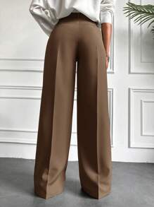 EURMUSE Women's Solid Color Pleated Straight Leg Loose Casual Pants - Brown - View 2