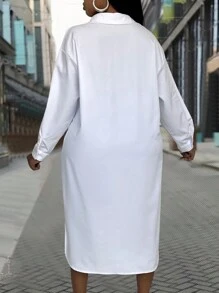 Maweii Plus Leopard Pocket Patched Button Front Shirt Dress Maxi Women Outfit - White - View 2