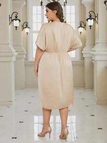 SHEIN Clasi Plus Size Solid Color V-Neck Elastic Waist Wedding Dress, Wedding Guest Dress - Apricot - View 2