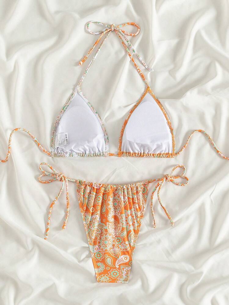 Women's Random Printed Knot & Side Tie Bikini Set, String Bikini Swimwear Bathing Suit Beach Outfit Summer Vacation