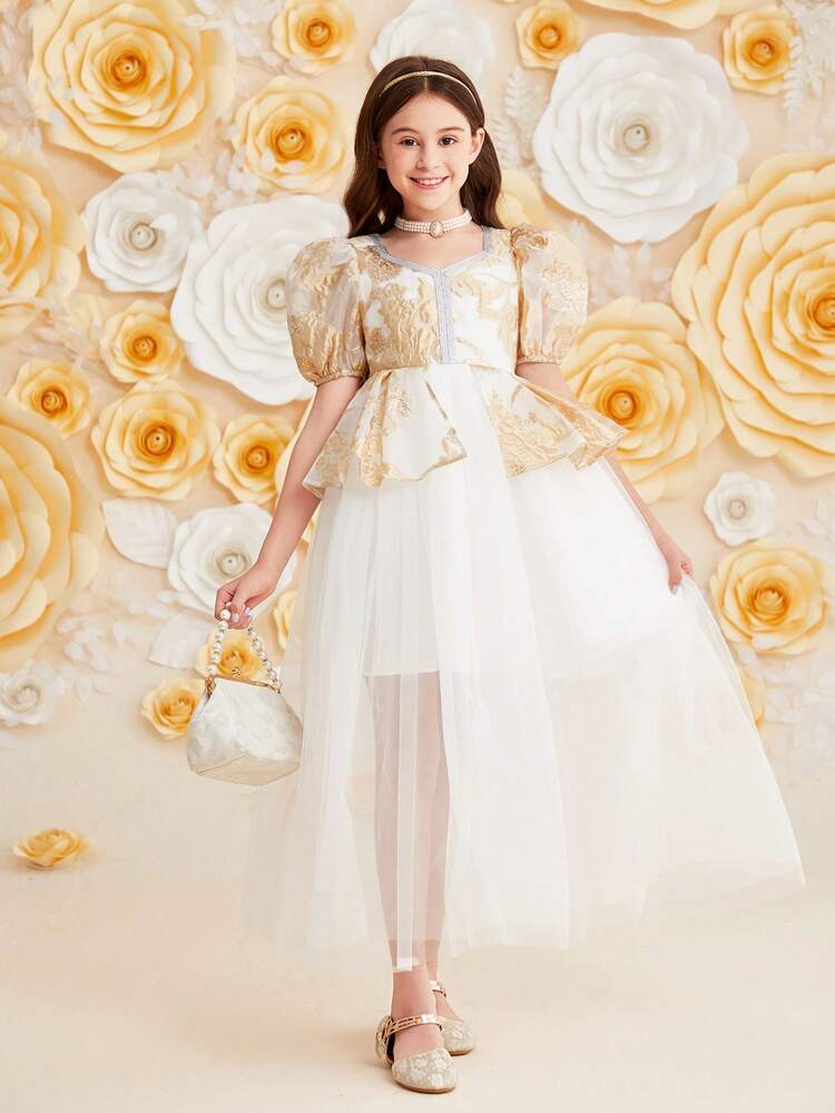 Tween Girls' Loose Cute Jacquard Mesh Round Neck Puff Sleeve Long Dress