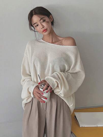 DAZY Suéter de mujer de unicolor con hombros caídos y manga larga, blusas de manga larga, ropa de otoño, ropa de vuelta al colegio