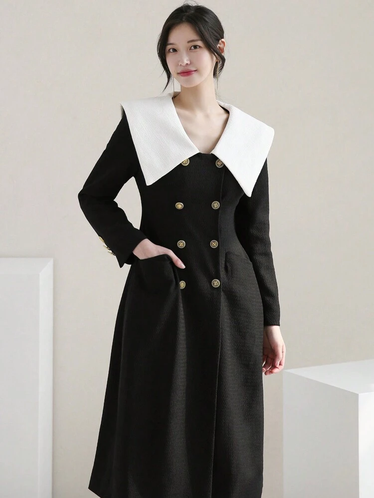 Women's Colorblock Double Breasted Turn Down Collar Dress,Fall Dress Long Sleeve Dress Maxi Dress