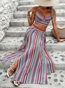 Breezaya Vintage Printed Cami Top And High Side Slit Skirt - Multicolor - View 4