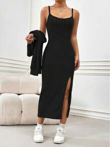 Flirla Fleece Enkel Enkel Spaghetti-rem Klänningar Och Fjäderbeklädnad - Svart - Visa 3