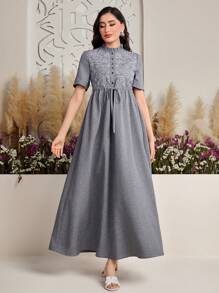 Seusyu 女士植物印花立領荷邊樣式短袖阿拉伯風格連衣裙 - 深灰色 - 查看 5