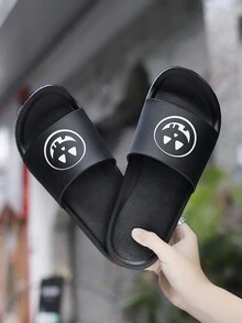 Men's Casual Open Toe Summer Slippers, Simple Black Color With Cartoon Ghosts Printed Contrast Color Eva Fashion Slides - Black - View 4
