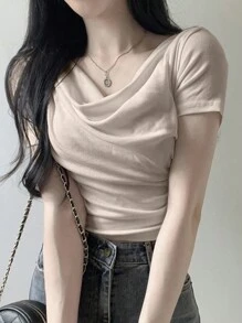 DAZY 纯色修身短袖围脖领 T 恤夏季 - 杏色 - 查看 5