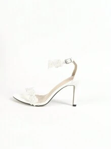 女式性感花邊細節露趾踝帶高跟涼鞋,白色時尚高跟鞋適用於春夏婚禮、晚宴、派對 - 白色 - 查看 7