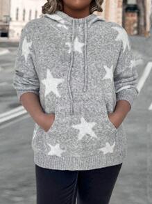 EMERY ROSE Plus Size Women Jacquard Star Pattern Kangaroo Pocket Casual Loose Knitted Pullover Sweater, Autumn/Winter - Grey - View 5