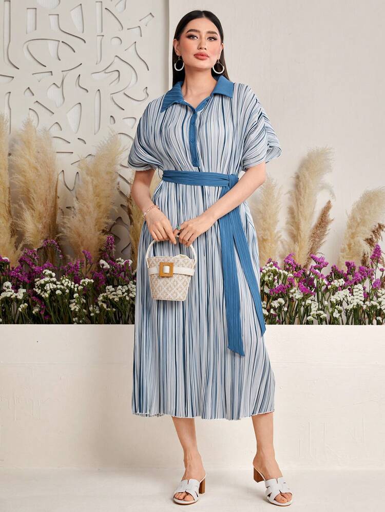 Women's Striped Button Down Half-Placket Batwing Sleeve Dress