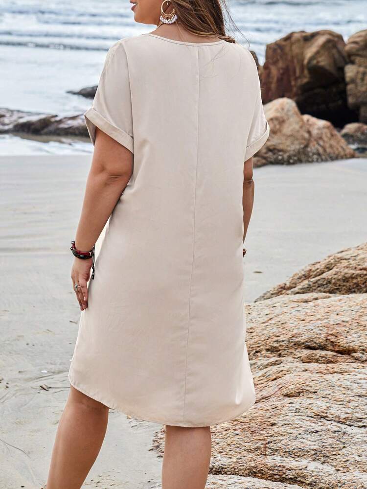 Plus Size Women's Solid Color Double Pocket Batwing Sleeve Linen Dress