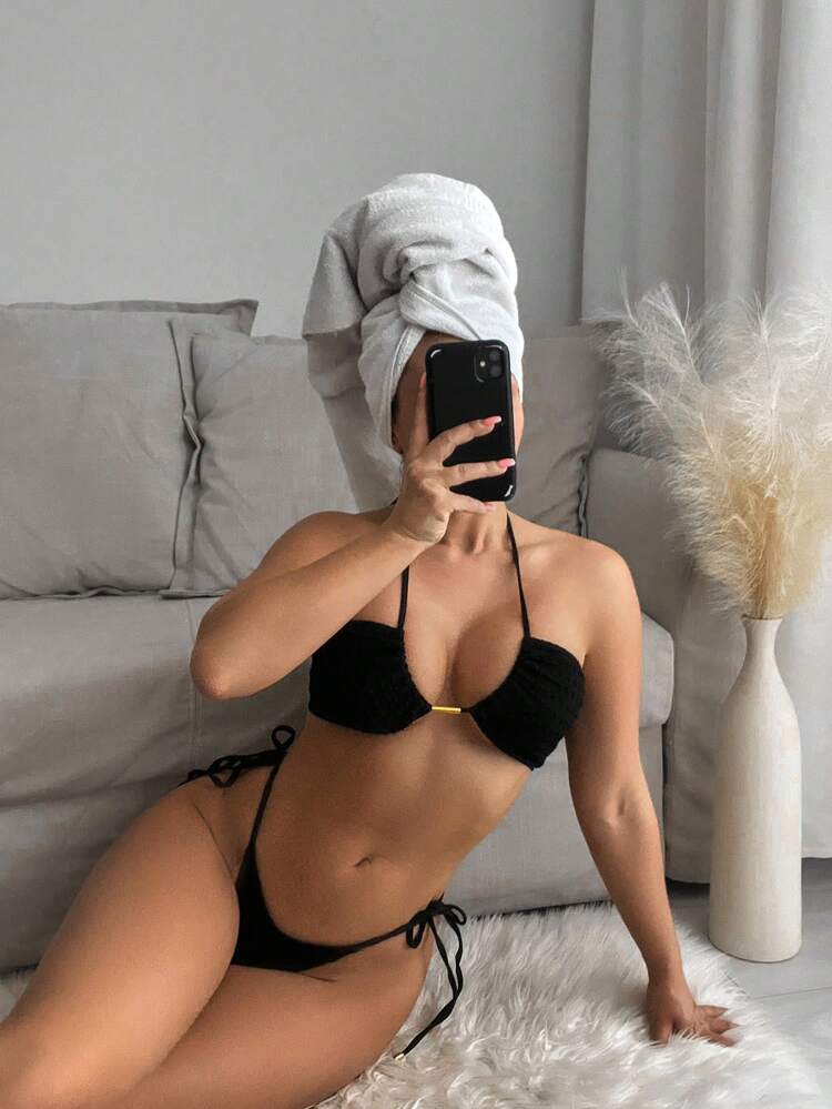 Ladies' Plain Halter Neck Separated Bikini Set Summer Beach