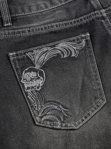 ROMWE Grunge Punk Quần short denim dáng rộng dành cho nữ với họa tiết thêu cổ điển, đầu lâu, cánh, dây leo, trường học - màu đen - Xem 3