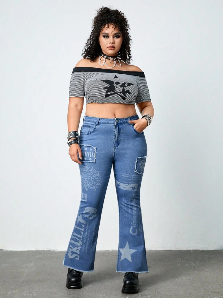 Plus Size Skull, Stars, Slogan Printed Flare Jeans