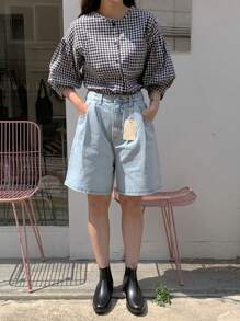 DAZY 女士宽松格纹圆领灯笼袖衬衫夏季 - 黑與白 - 查看 4