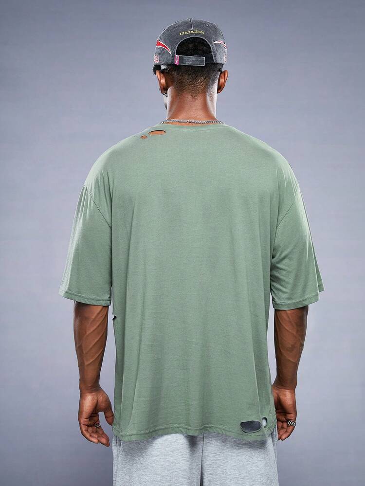 Men's Distressed Detail Knitted Casual Printed T-Shirt