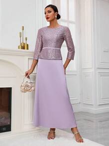 SHEIN Belle Vestido Con Cuello Redondo, Panel De Encaje Y Unión