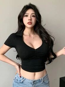 DAZY V-Neck Slim Fit Cropped Solid Color T-Shirt - Black - View 4