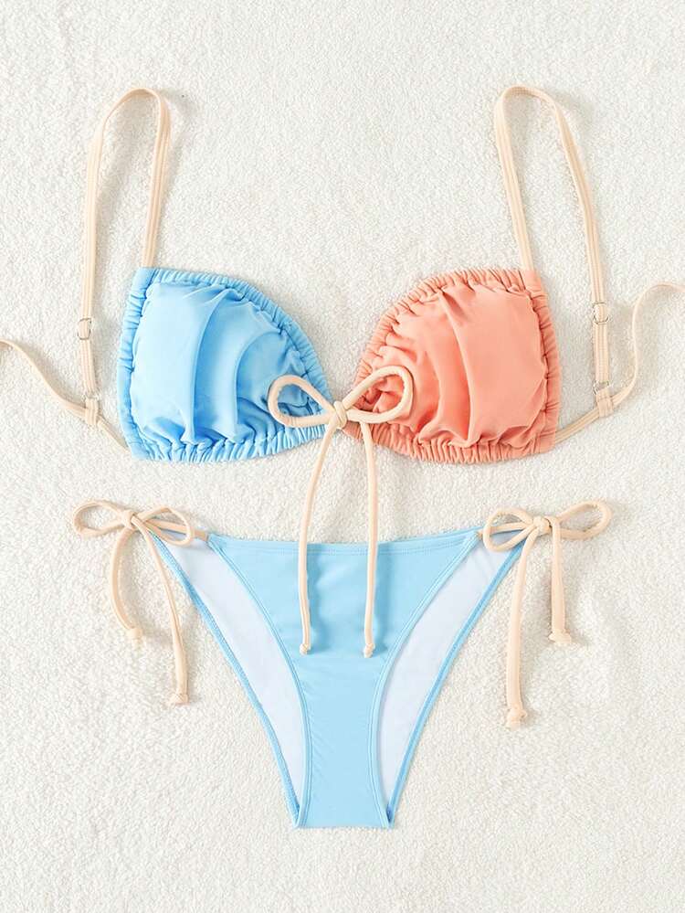Color Block Halter Strap Bikini Swimwear Set With Shoulder Straps Summer