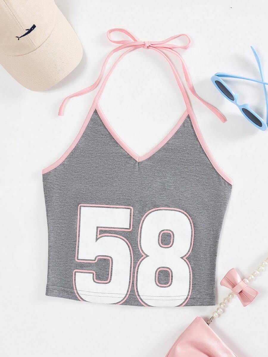 SHEIN Qutie 數字印花綁頸背心 - 彩色 - 查看 1