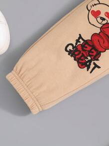 SHEIN Trẻ Con trai Đúng mốt Giải trí Lá thư & Nhỏ bé Gấu In Ngắn tay Áo thun Và Quần Bộ - Màu Khaki - Xem 3