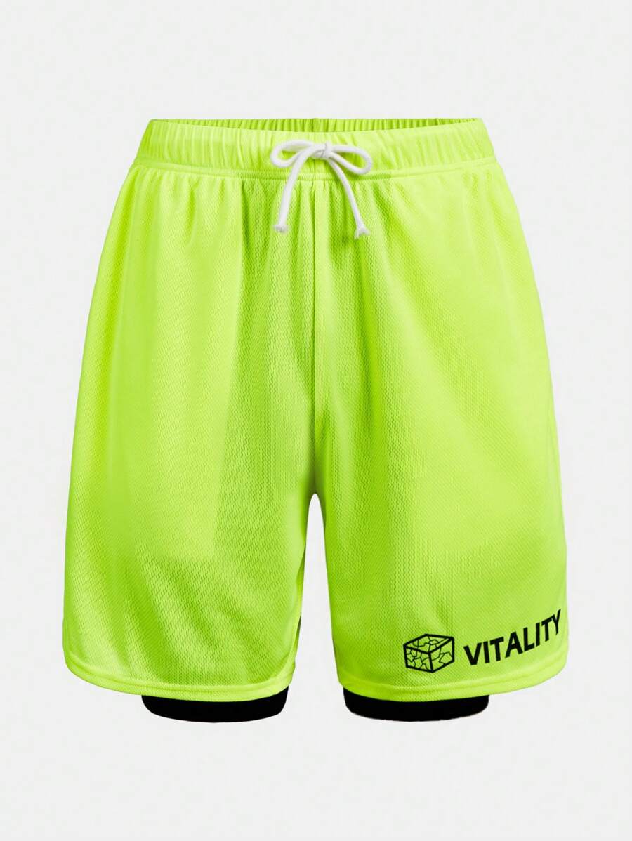 SHEIN 青少年男孩休閒二合一螢光英文印花短褲,適合夏季運動 - 彩色 - 查看 1