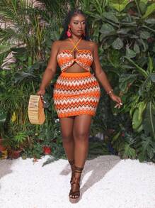 Slaydiva Women's Plus Size 2pcs/Set Vacation Casual Striped Halter Neck Crop Top And Skirt With Wave Pattern