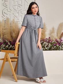 Seusyu 女士植物印花立領荷邊樣式短袖阿拉伯風格連衣裙 - 深灰色 - 查看 7