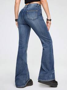 ROMWE Grunge Punk Cat Whisker Washed Flare Leg Jeans, School - Blue - View 4