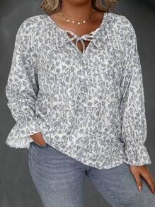 SHEIN LUNE 大碼印花繫帶領荷葉袖襯衫 - 彩色 - 查看 5