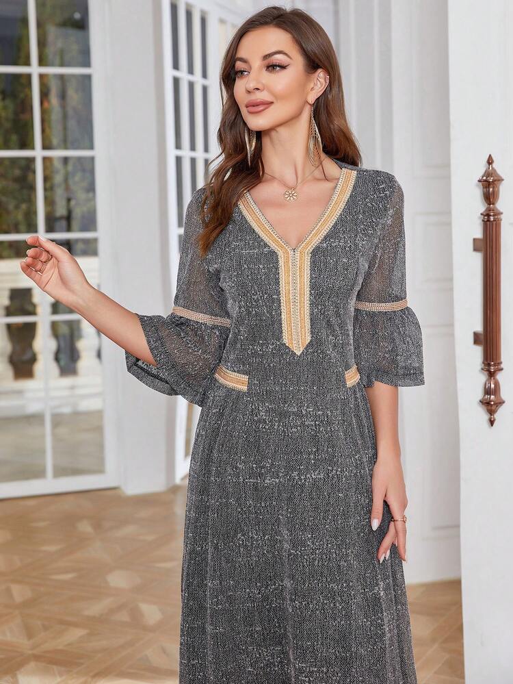 Ladies' Patchwork Woven Belt Flare Sleeve Arabian Dress