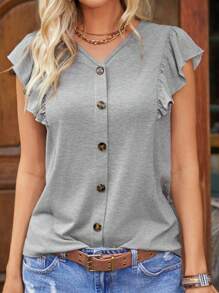 SHEIN LUNE Women's Summer V Neck Ruffle Hem Flutter Sleeve T-Shirt With Front Decorative Button For Casual & Holiday - Grey - View 4