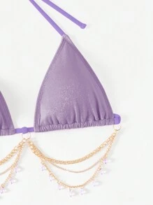 Swim SXY 3入組女士閃亮鏈條裝飾比基尼套裝，夏日沙灘必備 - 淡紫色 - 查看 3