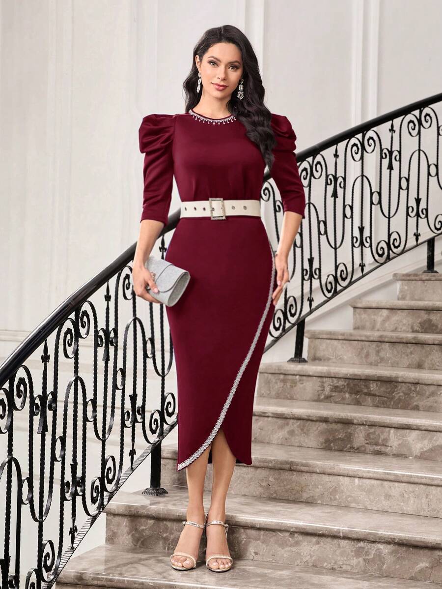 SHEIN Modely Burgundy Red Puff Sleeve Rhinestone Top & Tape Trim Wrap