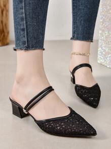 Giày sandal và dép lê đế thô phong cách cổ tích mới về Thu/Đông 2025 cho nữ, có thể mang như giày mules, mũi kín và mũi nhọn, giày cao gót Valentine, thanh lịch - màu đen - Xem 6