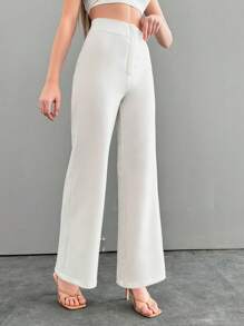 SHEIN PETITE Petite High Waisted Flared Pants - White - View 3
