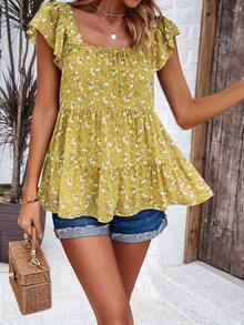 Elegant Floral Print Ruffle Hem Square Neckline Blouse - Yellow - View 5
