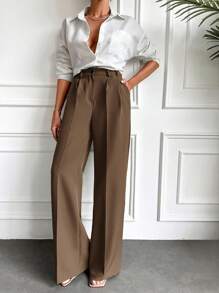EURMUSE Women's Solid Color Pleated Straight Leg Loose Casual Pants - Brown - View 5