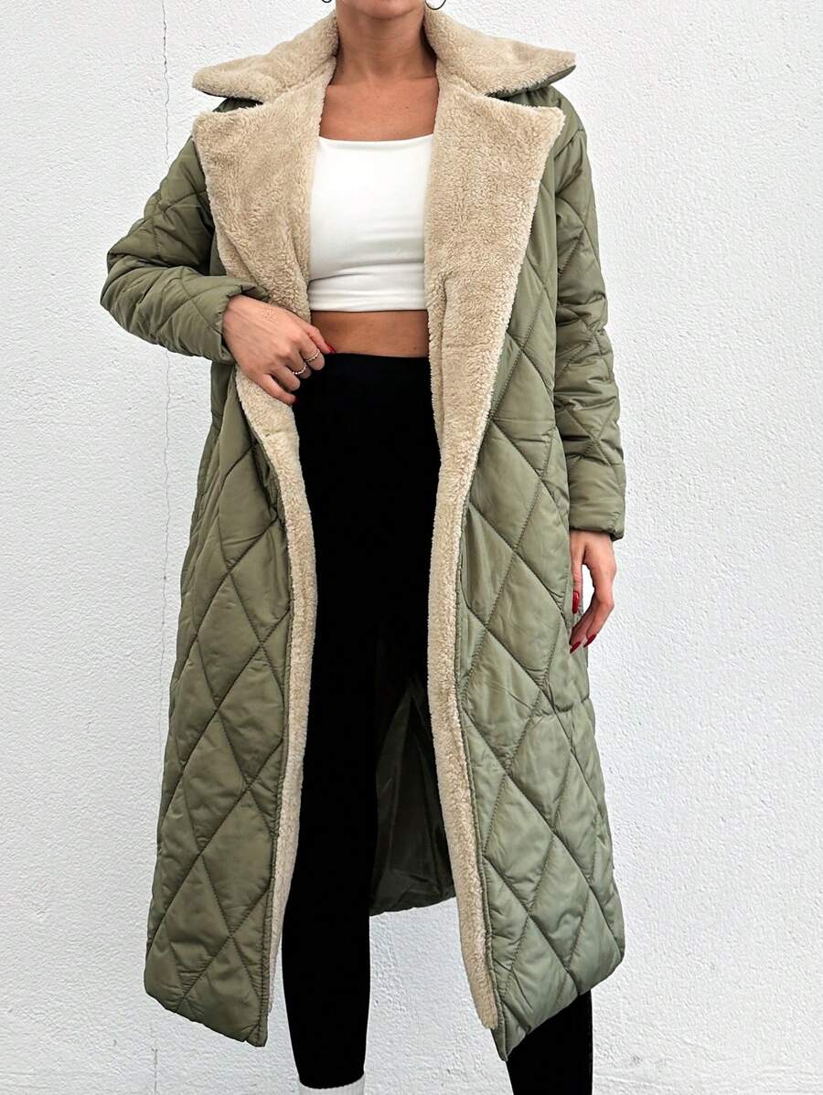SHEIN Cottnline Women's Solid Color Long -padded Jacket With Zipper Closure And Stand Collar - Lime Green - View 1