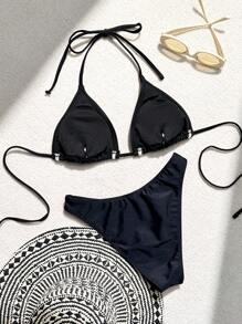 SHEIN Swim 女士露背分体比基尼套装夏季海滩 - 黑色 - 查看 6