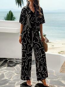 Vaiaye 女式夏季夏威夷波西米亚风热带海滩度假风格服装，超宽松休闲花瓣衬衫搭配宽松裤 - 黑色 - 查看 1