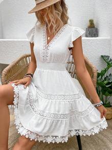 Breezaya Vestido con inserciones de encaje guipur, escote en V y que cintura la cintura, para vacaciones y salidas a la playa para mujeres - Blanco - Ver 3