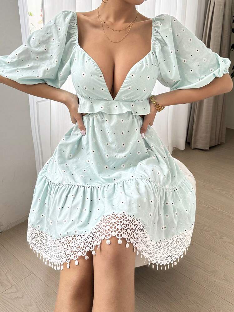 Lace Splice Printed Hollow Out Waist Sweetheart Collar Vacation Style Dress