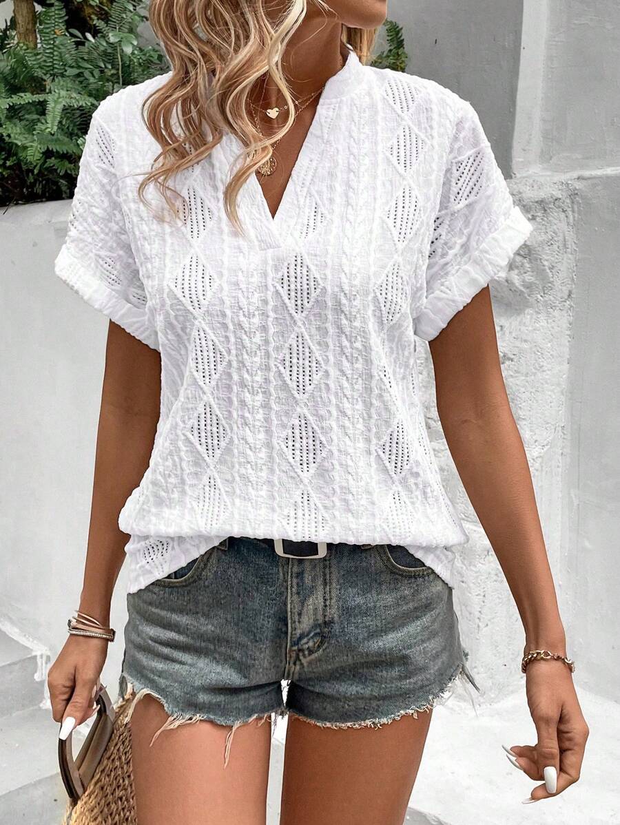 EMERY ROSE Women's Short Sleeve Batwing Top With Notch V-Neckline - White - View 1